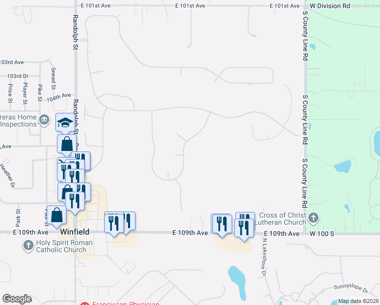 map of restaurants, bars, coffee shops, grocery stores, and more near 10607 Erie Dr in Crown Point