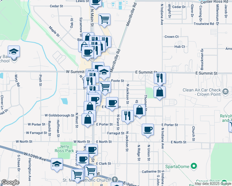 map of restaurants, bars, coffee shops, grocery stores, and more near 713-715 North Grant Street in Crown Point