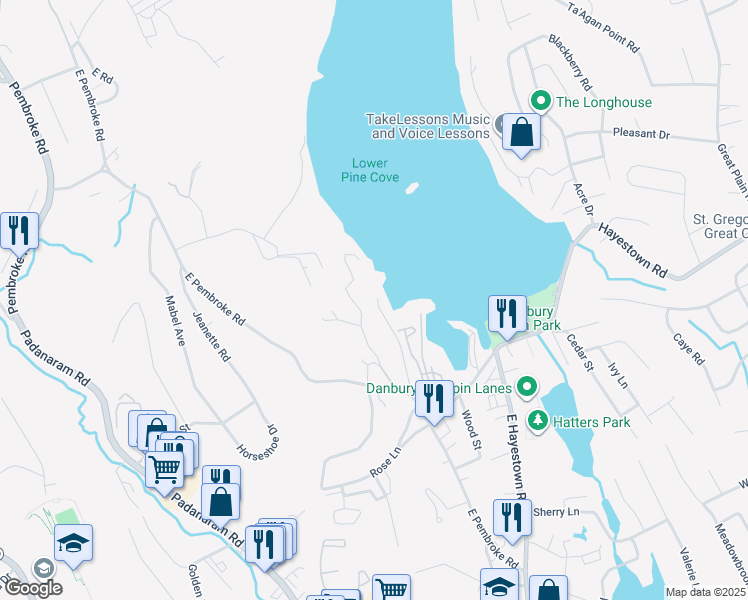 map of restaurants, bars, coffee shops, grocery stores, and more near 25 Reynolds Road in Danbury
