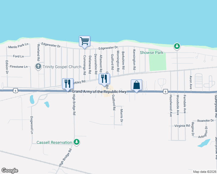 map of restaurants, bars, coffee shops, grocery stores, and more near 465 Overlook Road in Vermilion