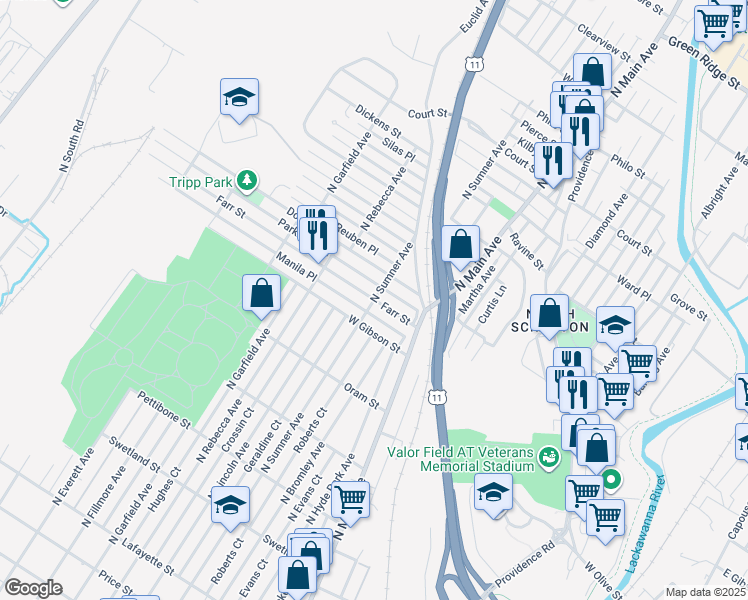 map of restaurants, bars, coffee shops, grocery stores, and more near 900 North Sumner Avenue in Scranton