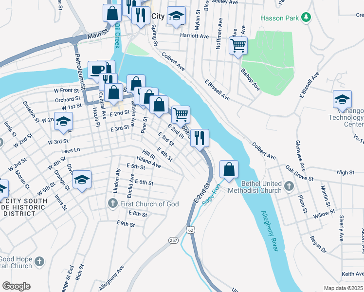 map of restaurants, bars, coffee shops, grocery stores, and more near 110 Grant Street in Oil City