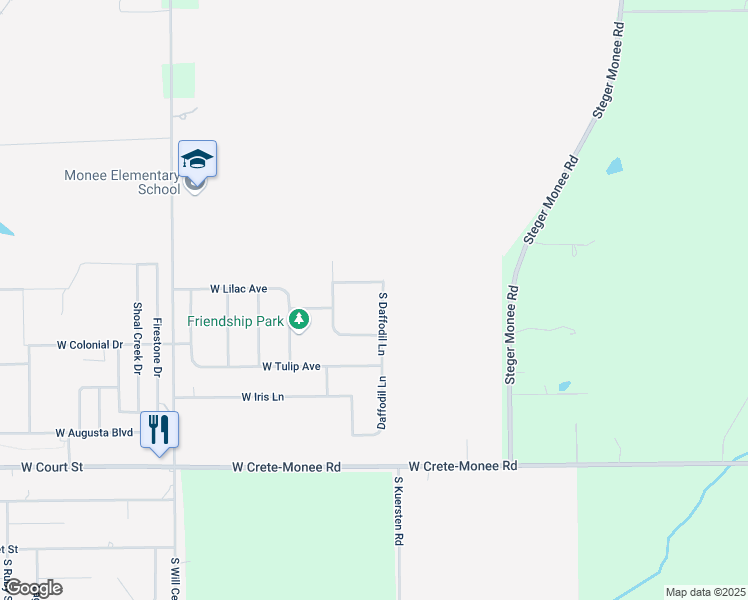 map of restaurants, bars, coffee shops, grocery stores, and more near 25620 South Daffodil Lane in Monee