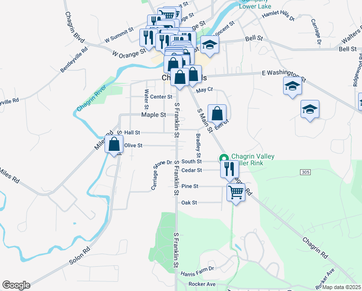 map of restaurants, bars, coffee shops, grocery stores, and more near 161 South Franklin Street in Chagrin Falls