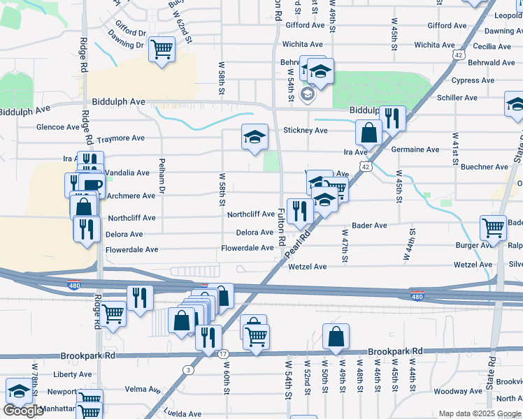 map of restaurants, bars, coffee shops, grocery stores, and more near 5508 Northcliff Avenue in Cleveland