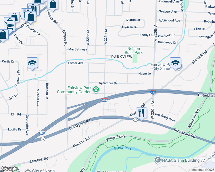 map of restaurants, bars, coffee shops, grocery stores, and more near 22685 Sycamore Dr in Fairview Park