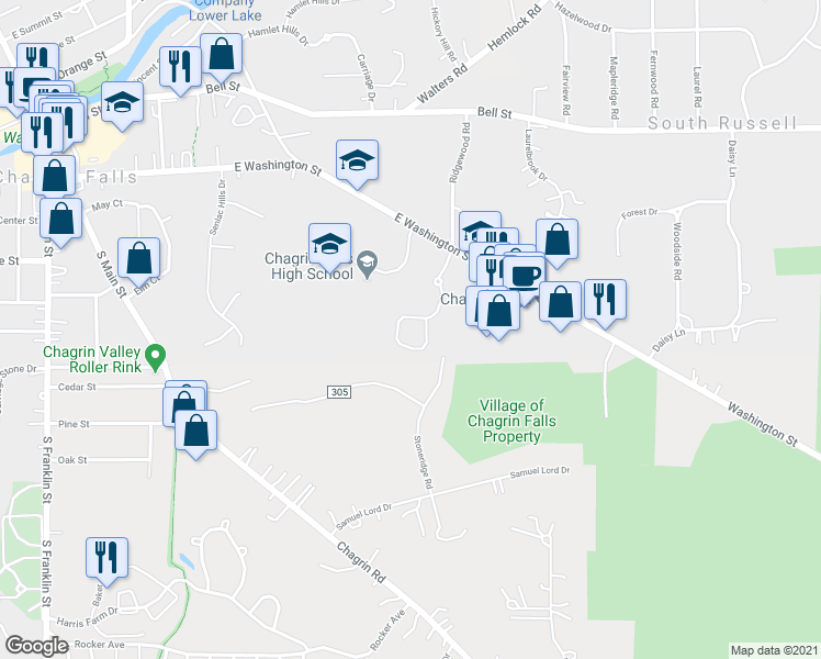 map of restaurants, bars, coffee shops, grocery stores, and more near 270 Pheasant Run Drive in Chagrin Falls