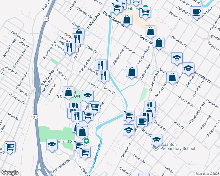 map of restaurants, bars, coffee shops, grocery stores, and more near 354 Grove St in Scranton