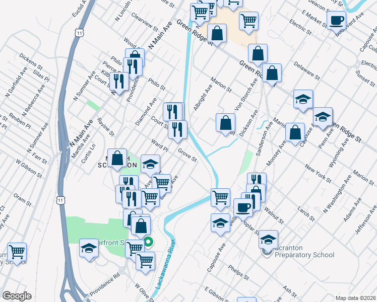 map of restaurants, bars, coffee shops, grocery stores, and more near 354 Grove Street in Scranton