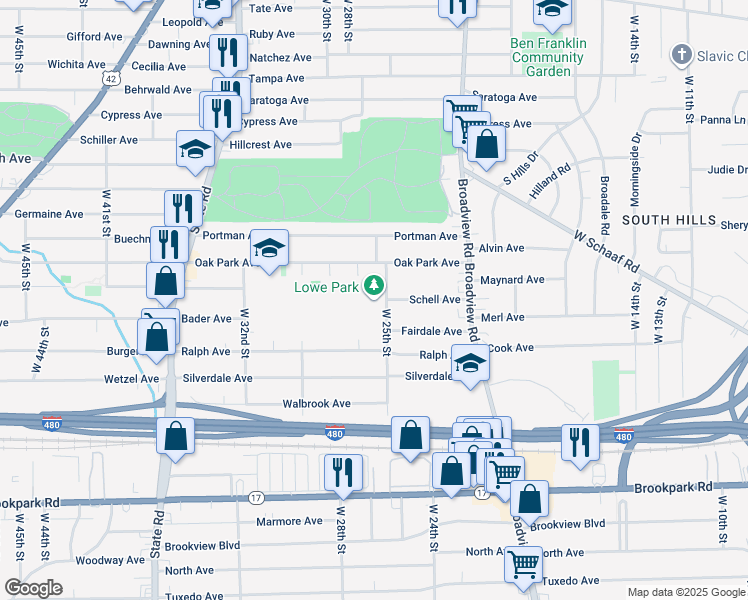 map of restaurants, bars, coffee shops, grocery stores, and more near 4741 West 32nd Street in Cleveland