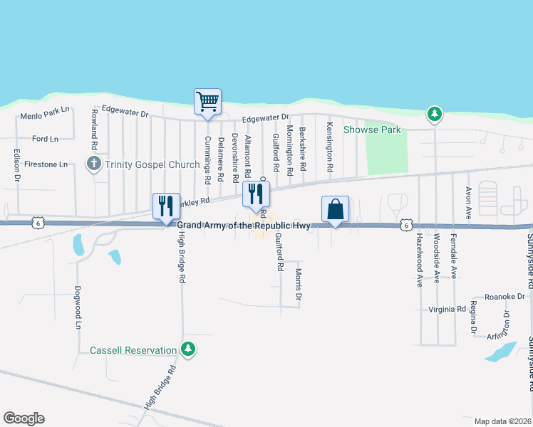 map of restaurants, bars, coffee shops, grocery stores, and more near 465 Overlook Road in Vermilion
