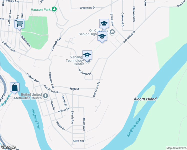 map of restaurants, bars, coffee shops, grocery stores, and more near 10 1/2 Prospect Street in Oil City
