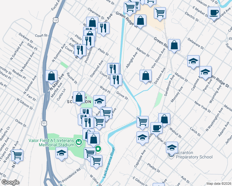 map of restaurants, bars, coffee shops, grocery stores, and more near 1109 Albright Avenue in Scranton