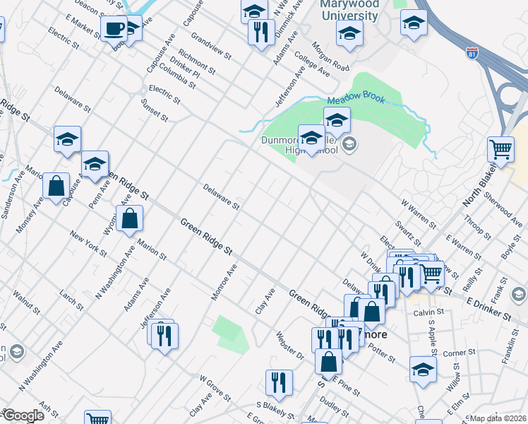 map of restaurants, bars, coffee shops, grocery stores, and more near 1511-1599 Delaware Street in Dunmore