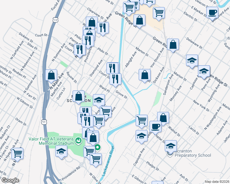 map of restaurants, bars, coffee shops, grocery stores, and more near 1109 Albright Avenue in Scranton