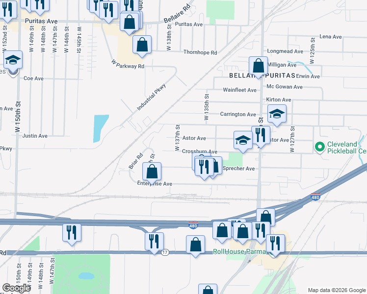 map of restaurants, bars, coffee shops, grocery stores, and more near 13704 Crossburn Avenue in Cleveland