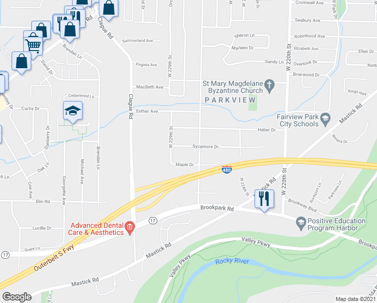map of restaurants, bars, coffee shops, grocery stores, and more near 22761 Sycamore Drive in Fairview Park