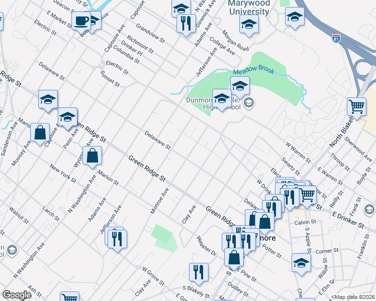 map of restaurants, bars, coffee shops, grocery stores, and more near 1511 Delaware Street in Dunmore