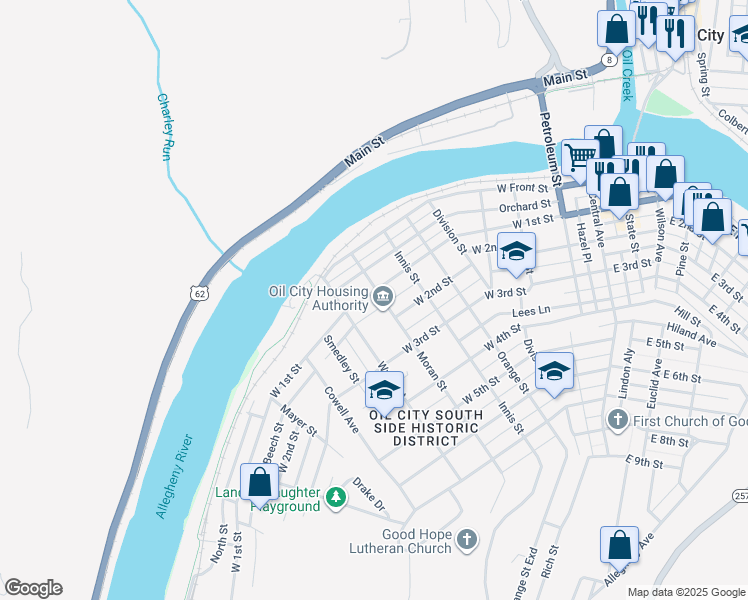 map of restaurants, bars, coffee shops, grocery stores, and more near 701 West 1st Street in Oil City
