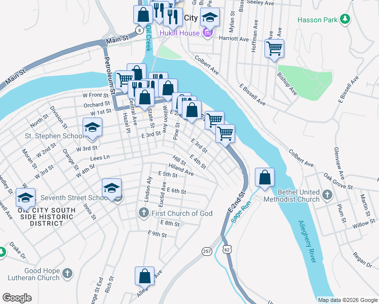 map of restaurants, bars, coffee shops, grocery stores, and more near East 4th Alley in Oil City