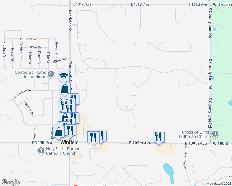 map of restaurants, bars, coffee shops, grocery stores, and more near 10615-10629 Erie Drive in Winfield