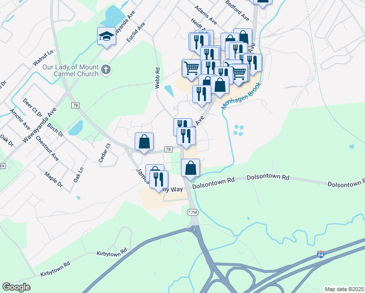 map of restaurants, bars, coffee shops, grocery stores, and more near Abe Isseks Drive in Middletown