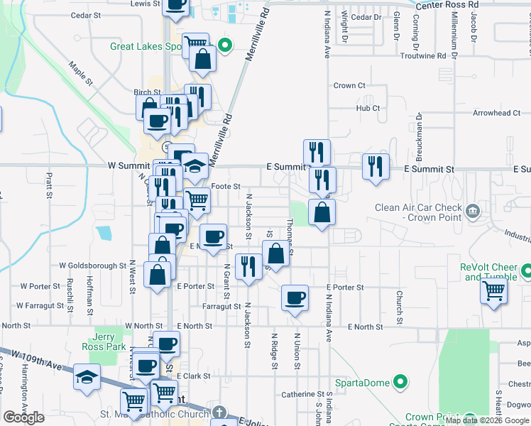 map of restaurants, bars, coffee shops, grocery stores, and more near 555 Anderson Street in Crown Point