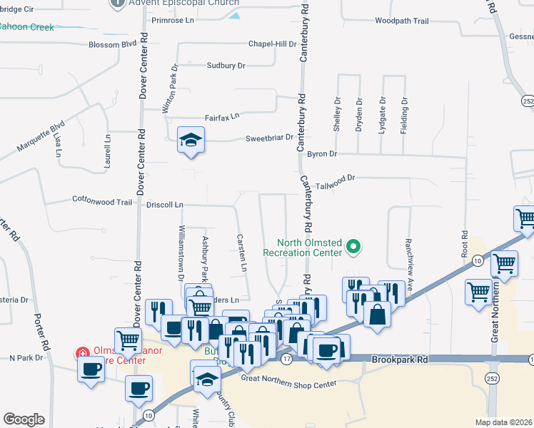map of restaurants, bars, coffee shops, grocery stores, and more near 4399 Silverdale Road in North Olmsted