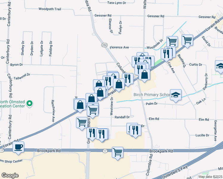 map of restaurants, bars, coffee shops, grocery stores, and more near 24950 Lorain Road in North Olmsted