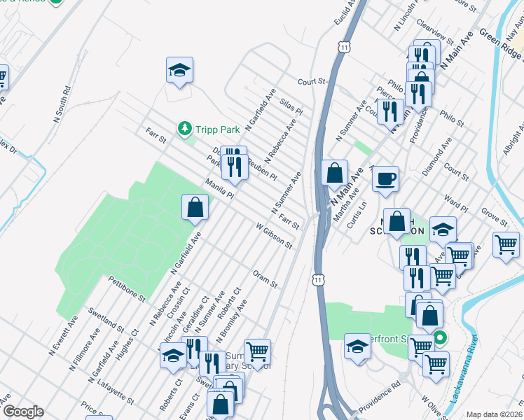 map of restaurants, bars, coffee shops, grocery stores, and more near 1400-1598 Manila Place in Scranton
