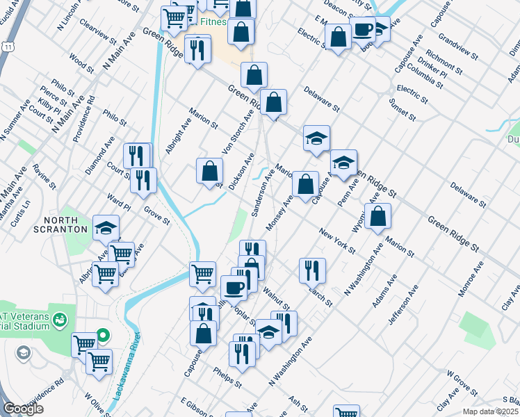 map of restaurants, bars, coffee shops, grocery stores, and more near 1346A Sanderson Avenue in Scranton
