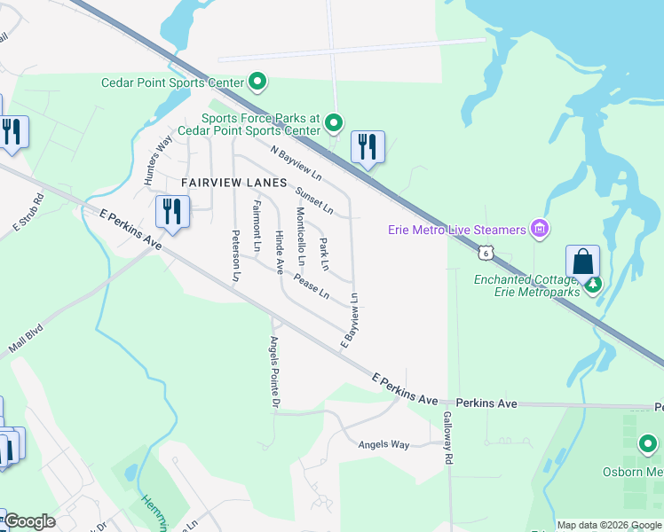 map of restaurants, bars, coffee shops, grocery stores, and more near 2903 Park Lane in Sandusky