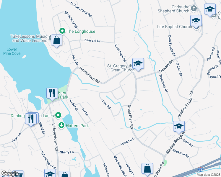 map of restaurants, bars, coffee shops, grocery stores, and more near 36 Hawley Road Extension in Danbury