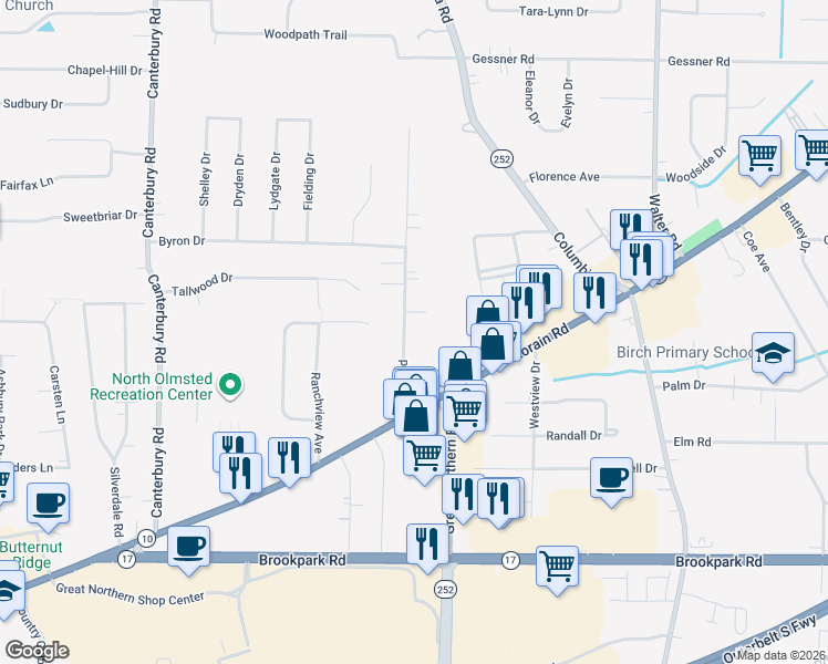 map of restaurants, bars, coffee shops, grocery stores, and more near 4371 Root Road in North Olmsted