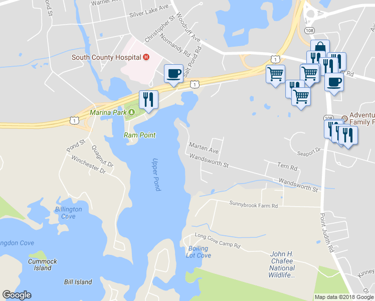 map of restaurants, bars, coffee shops, grocery stores, and more near 1 Gull Road in Narragansett