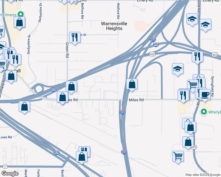 map of restaurants, bars, coffee shops, grocery stores, and more near 23856 Banbury Circle in Warrensville Heights