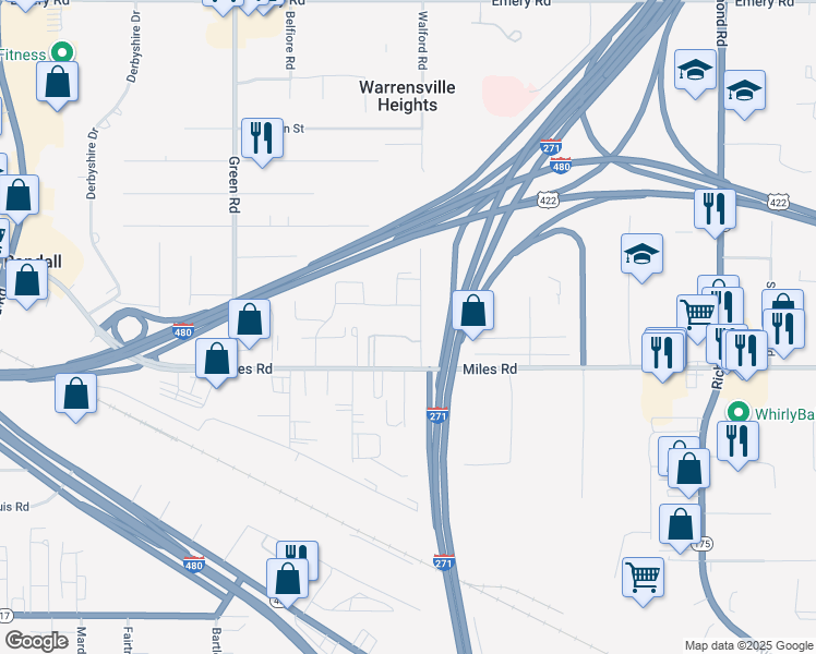 map of restaurants, bars, coffee shops, grocery stores, and more near 23952 Banbury Circle in Warrensville Heights