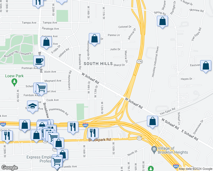 map of restaurants, bars, coffee shops, grocery stores, and more near 1026 West Schaaf Road in Cleveland
