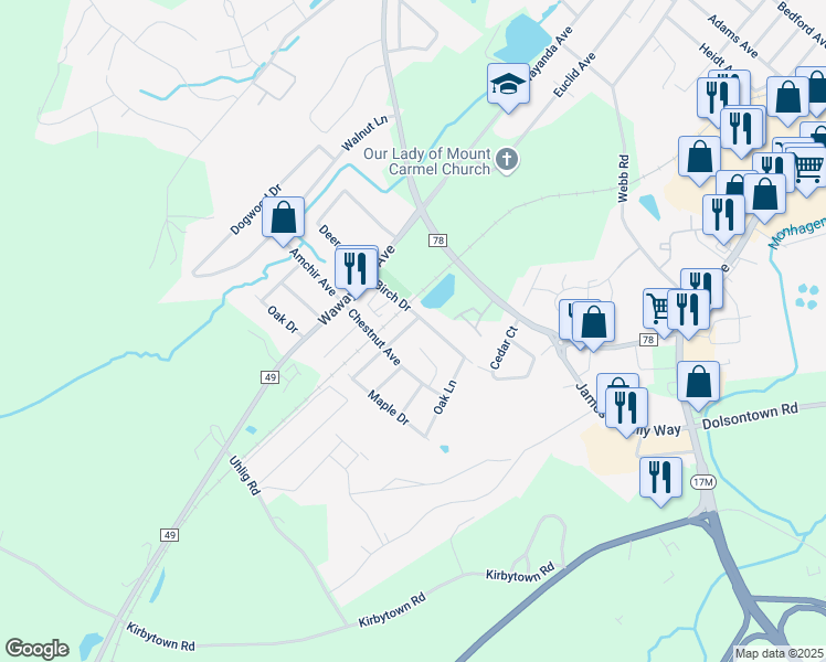 map of restaurants, bars, coffee shops, grocery stores, and more near 24 Willow Place in Middletown