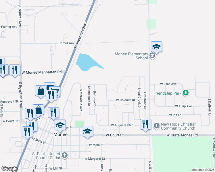 map of restaurants, bars, coffee shops, grocery stores, and more near 25537-25507 Spyglass Hill in Monee