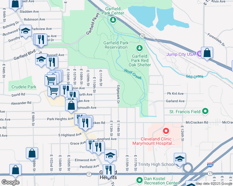 map of restaurants, bars, coffee shops, grocery stores, and more near 4970 Edgepark Drive in Garfield Heights