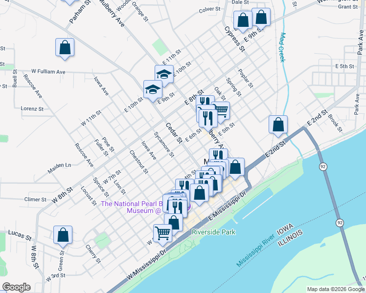 map of restaurants, bars, coffee shops, grocery stores, and more near 200 East 6th Street in Muscatine