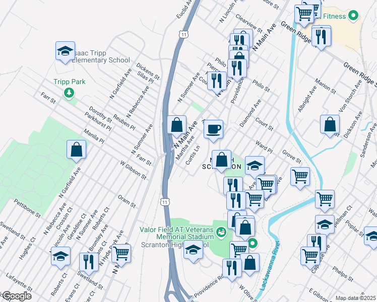 map of restaurants, bars, coffee shops, grocery stores, and more near 1001 Bedford Street in Scranton