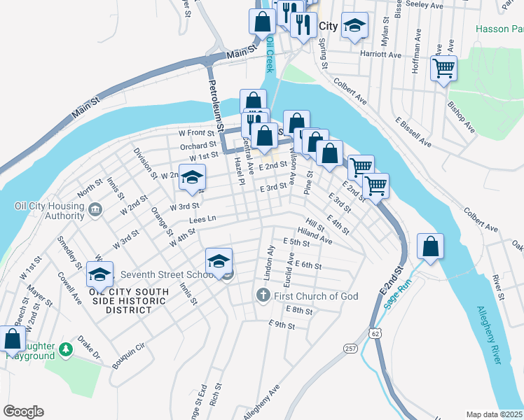 map of restaurants, bars, coffee shops, grocery stores, and more near 317 Central Avenue in Oil City