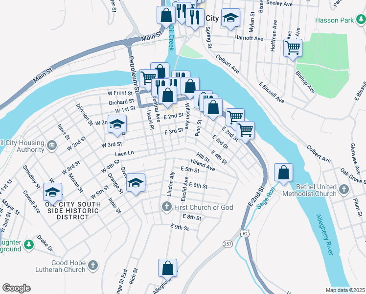map of restaurants, bars, coffee shops, grocery stores, and more near 321 State St in Oil City