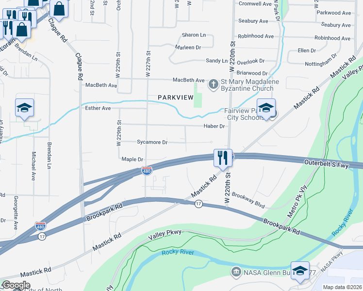 map of restaurants, bars, coffee shops, grocery stores, and more near 5720 W 224th St in Fairview Park