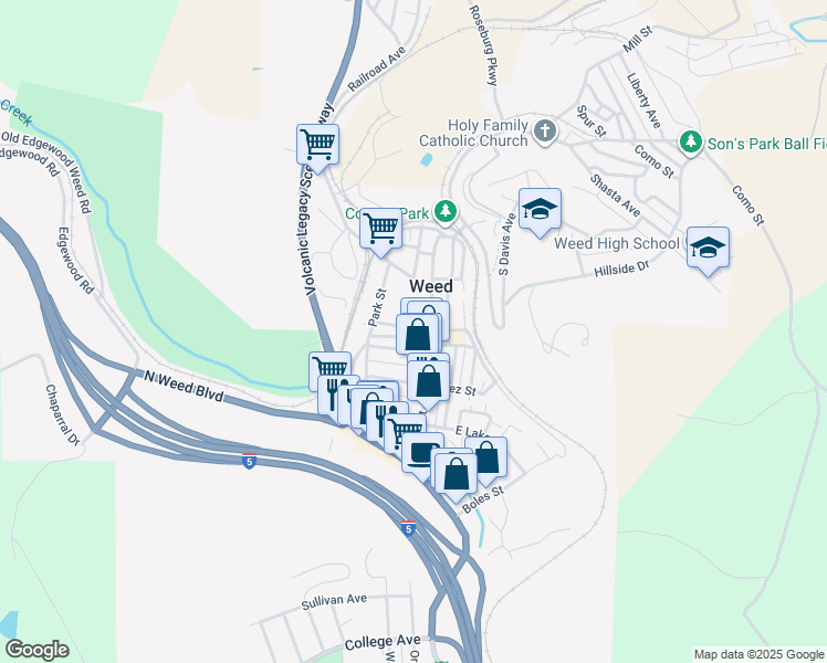 map of restaurants, bars, coffee shops, grocery stores, and more near 35 Camino Ave in Weed
