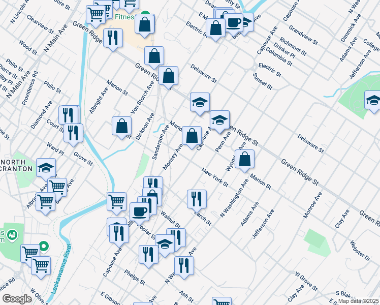 map of restaurants, bars, coffee shops, grocery stores, and more near 1415 Capouse Avenue in Scranton