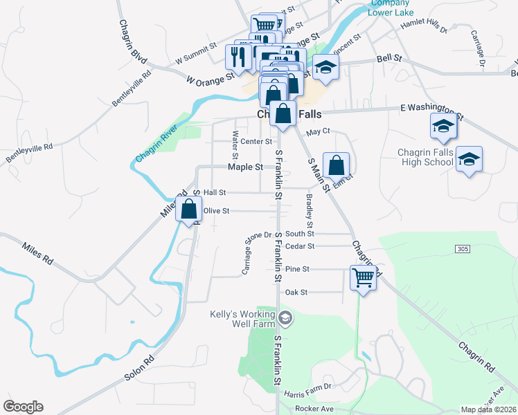 map of restaurants, bars, coffee shops, grocery stores, and more near 32 Olive St in Chagrin Falls