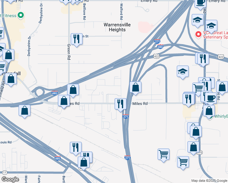 map of restaurants, bars, coffee shops, grocery stores, and more near 23980 Banbury Circle in Warrensville Heights